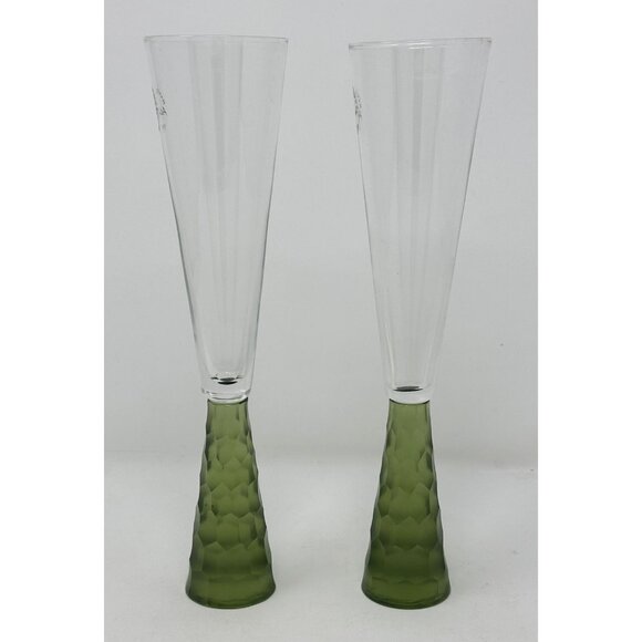 ARTLAND PRESCOTT Crystal Champagne Flutes Handblown Honeycomb GREEN Set of 2 - Picture 2 of 11